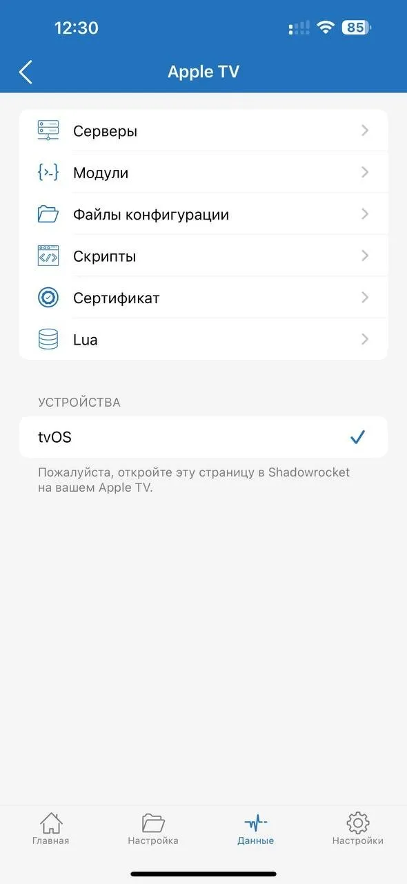 Раздел Apple TV в Shadowrocket на телефоне
